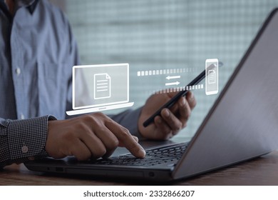Transfer file concept. data transfer between Laptop and Smartphone. Data transfer file between folder, Backup data, Exchange of file. Virtual document loading to another folder. Streaming download.