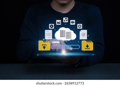 Transfer file data system relocation or file sharing services concept. Cloud technology,  internet cloud computing storage AI technology, Business document storage folder, upload and download. file.