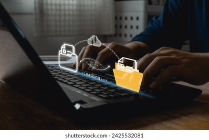 Transfer file, datum sharing, and data migration on cloud technology system. Business people hand using laptop computer waiting to backup, move, copy, exchange of digital document on virtual screen.