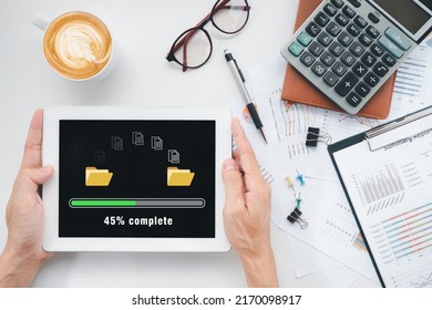 Transfer Files Data System Relocation Concept, Person Hand Using Digital Tablet Waiting For Transfer File Process With Loading Bar Icon On Virtual Screen.