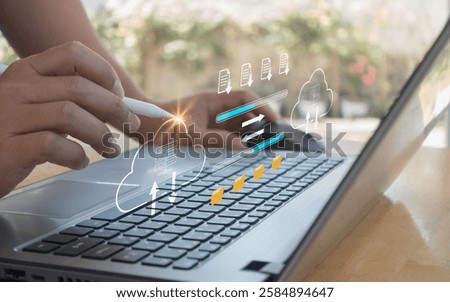 Transfer files data system relocation on cloud system technology concept, access to backup copy data, business document storage, upload and download, archive, share, migration online database with AI.