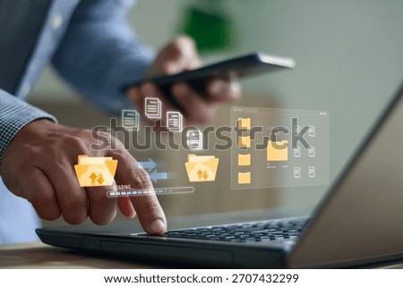 Transfer files data system relocation concept. Data transfer through cloud technology. Exchange data with modern internet technology is fast and secure. Internal document backup on online database.