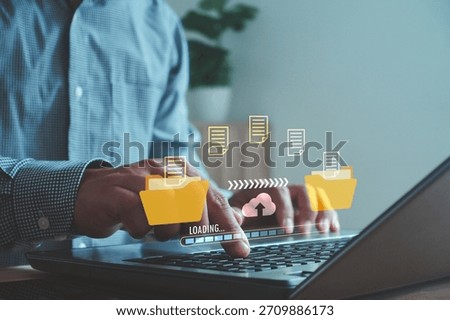 Transfer files data system relocation on cloud system with AI technology concept. access to backup copy data, business document storage, upload and download, archive, share, migration online database.