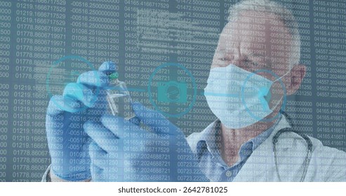 Transferring liquid with pipette into vial, researcher wearing mask in lab, with data projections. Science, innovation, technology, precision, healthcare, analytical, futuristic - Powered by Shutterstock - Get 15% off with code: PIKWIZARD15