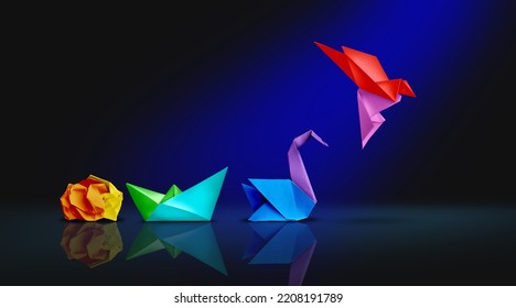 Transform and success or changing to succeed concept and leadership in business through innovation and evolution of ability as a crumpled paper transforming into a boat then a swan and a flying bird. - Shutterstock ID 2208191789