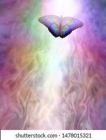 Transformation metaphor Butterfly moving into the light - a multicoloured butterfly leaving a trail of white light and copy space below against a gaseous ethereal energy formation background
