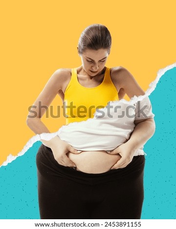 Transformation in progress. Woman's fitness journey. Toned upper body with fat belly. importance of healthy lifestyle for overall well-being. Conceptual design. Concept of weight-loss, sport, dieting