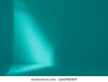 Transformative Teal colour wall Studio background for Spring,Summer trends 2026,Interior Room with Shadow,Light overlay on Blue,Gren Floor for Product Design,Backdrop Abstract Art with Deep Teal Hue 
