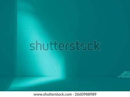 Transformative Teal colour wall Studio background for Spring,Summer trends 2026,Interior Room with Shadow,Light overlay on Blue,Gren Floor for Product Design,Backdrop Abstract Art with Deep Teal Hue 
