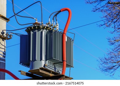 Transformer or mast transformer substation on a pole. Background with selective focus and copy space for text