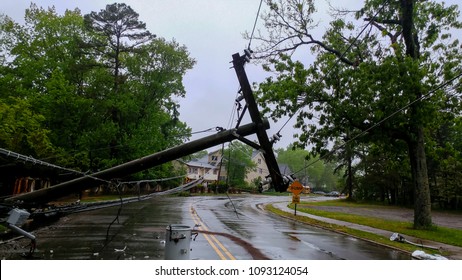 transformer on a electric poles and a tree laying across power lines over a road after Hurricane - Shutterstock ID 1093124054