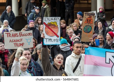 Transgender and equality protests.
Stockholm, Sweden - January 21, 2017: Anti-Trump day demonstration in Stockholm.
Young people gathered on public square to protest against Donald Trump.