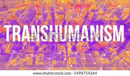 Transhumanism concept with neural network connectivity gradient city background