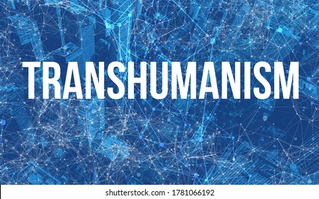 Transhumanism theme with abstract network patterns and skyscrapers