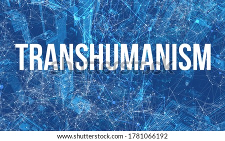 Transhumanism theme with abstract network patterns and skyscrapers