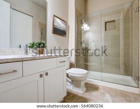 Transitional bathroom interior design in soft beige colors. Features glass shower with taupe tile surround and white vanity with modern shaker cabinets. Northwest, USA