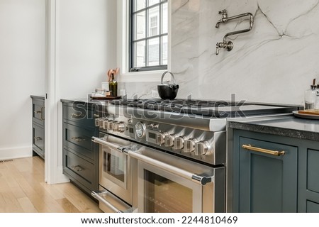 Transitional Kitchen with Stainless Steel Luxury Appliances. Transitional kitchen design with marble backsplash. Styled counter and stove with pot filler.