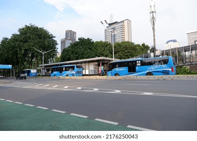Transjakarta Bus At The Polda Bus Stop On Jalan Jenderal Sudirman, Jakarta, Photographed On July 8, 2022