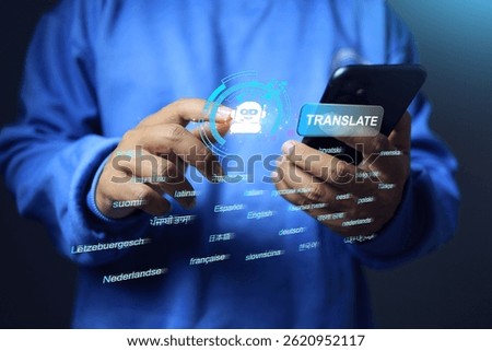 Translate application concept with a man is using a smartphone ai assistant to translate language around the world to talk or do business with foreigner