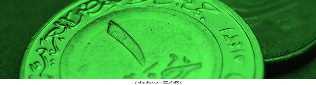 Translation: Arab Republic Of Egypt 1 Pound. Egyptian Coins Lie On A Dark Gray Surface. Coin Of 1 One Pound Close Up. Economy, Finance And Banks Of Egypt. Green Tinted Banner Or Heading. L.E. Macro