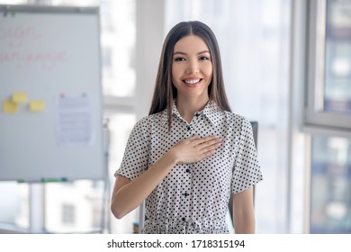 Translation. Young Sign Language Interpreter Standing And Showing Signs