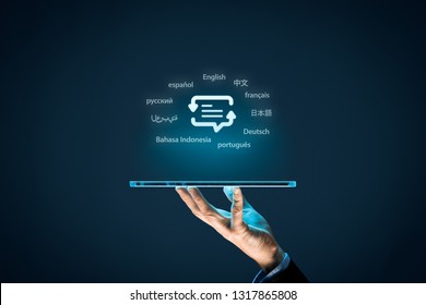 Translator App, Language Course And E-learning Concept. Person With Digital Tablet, Symbol Of Translation (speech Bubble With Arrows And Abstract Text) And Top Ten Internet Users Languages.