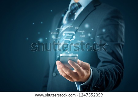 Translator app, language course and e-learning concept. Person with smart phone, symbol of translation (speech bubble with arrows and abstract text) and top ten internet users languages.
