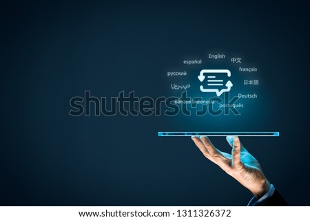 Translator app, language course and e-learning concept. Person with digital tablet, symbol of translation (speech bubble with arrows and abstract text) and top ten internet users languages.