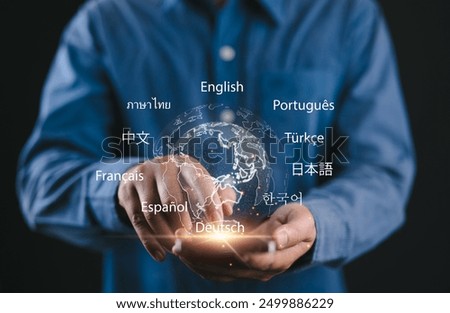 Translator app, language course and e-learning concept. Person use smartphone with Translator app, translation or translate on the mobile app worldwide language conversation speaking concept.