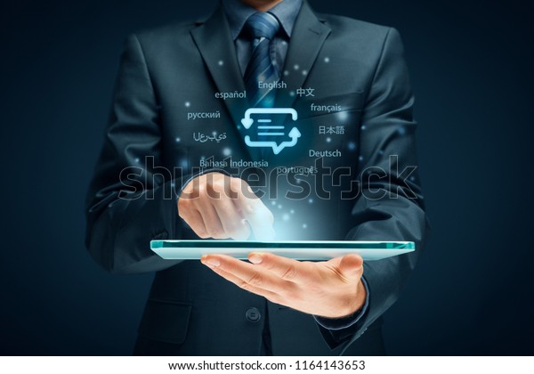 Translator app, language course and e-learning\
concept. Person with digital tablet, symbol of translation (speech\
bubble with arrows and abstract text) and top ten internet users\
languages.