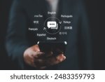 Translator app and languages education concept. Person use mobile smartphone with with translator app to translation of foreign languages. language course and e-learning.