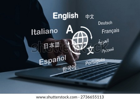 Translator App. people working with virtual translation application software on laptop computer, e-learning, AI language service, language education course, global communication technology concept
