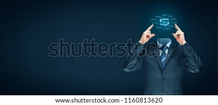 Translator professional, language course and multilingual person concept. Person with symbol of translation (speech bubble with arrows and abstract text), globally important languages instead of head