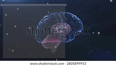 Translucent 3D brain rotating tilting after HUD panel sliding in, revealing cerebellum for research. Neural, cortex, cranial, anatomy, presentation, transparent, futuristic