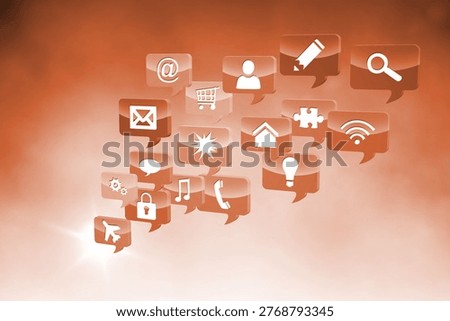 Translucent 3D speech bubbles are floating over warm orange gradient backdrop, showing tech icons. Communication, technology, innovation, digital, mobile, multimedia, branding