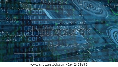 Translucent blue panel floating in virtual 3D data grid, with binary digits and equations. Futuristic, digital, holographic, technology, data visualization, abstract, cyber
