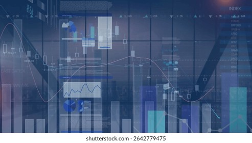 Translucent charts covering grid in boardroom, with candlestick, bar graphs and numeric labels. Financial, data, analytics, technology, business, modern, digital