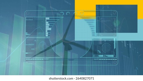 Translucent dashboard showing charts over wind turbine blade in data interface, with colored blocks. Technology, data visualization, renewable energy, digital interface, performance analysis,