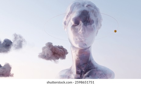 A translucent, ethereal bust with a celestial orb orbiting it, set against a pastel sky. This surreal sculpture evokes a sense of mystery and futuristic elegance.