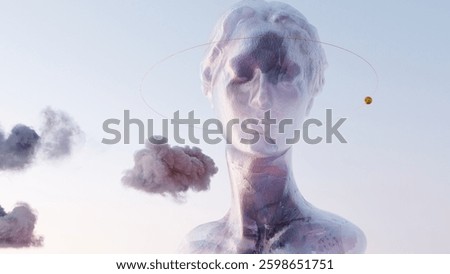 A translucent, ethereal bust with a celestial orb orbiting it, set against a pastel sky. This surreal sculpture evokes a sense of mystery and futuristic elegance.