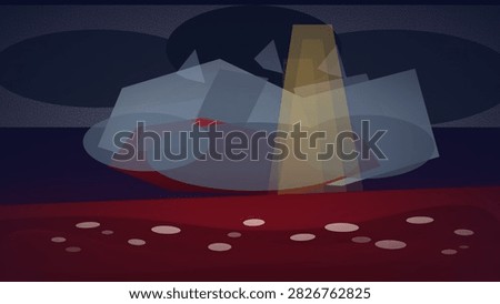 Translucent geometric forms and a luminous golden pillar float over a crimson ground dotted with pale ovals in a moody abstract composition