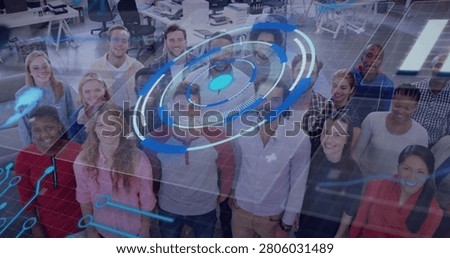 Translucent graphic appearing, team standing beneath rotating HUD rings, showing teamwork data. Holographic, interface, collaboration, office, openplan, futuristic, digital