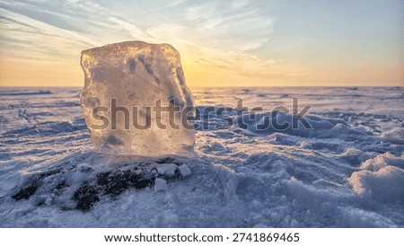A translucent ice block backlit by a golden sunset on a vast, snowy plain. This serene winter landscape captures the cold, peaceful mood of the arctic with warm light and a pastel sky.