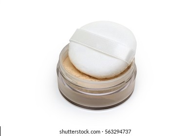 Translucent Loose Powder In Jar With Puff Isolated On White Background. 