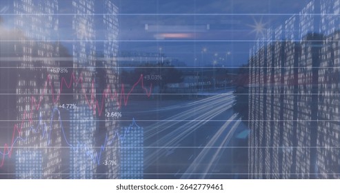 Translucent overlay showing line graphs on road at dusk, with vehicle light trails and skyscrapers. Cityscape, data visualization, technology, urban, skyscraper, finance, digital