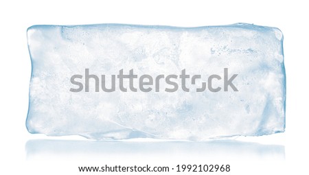 A translucent rectangular block of pure ice, isolated on white background. Purity and freshness concept.