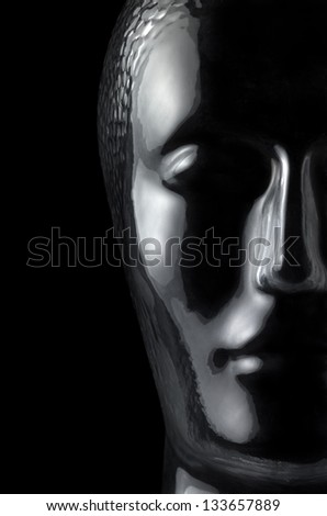 translucent reflective human head made of glass in black back
