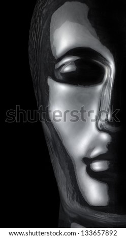 translucent reflective human head made of glass in black back