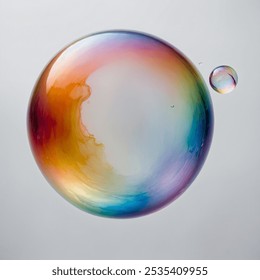 A translucent soap bubble is a delicate, spherical film of soapy water, shimmering with rainbow colors as it reflects light. Its surface appears almost see-through, 