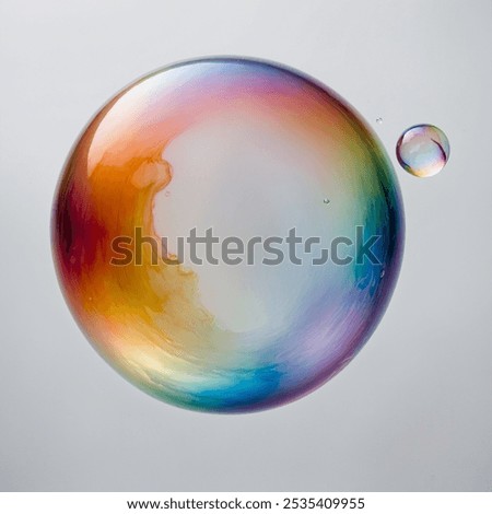 A translucent soap bubble is a delicate, spherical film of soapy water, shimmering with rainbow colors as it reflects light. Its surface appears almost see-through, 